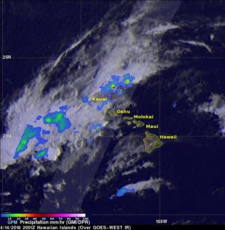 Intense showers detected by the GPM satellite radar on he GPM core observatory satellite flew over Kauai on April 14, 2018 at 10:01 a.m. HST (4:01 p.m. EDT/2001 UTC)