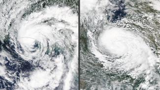 mage on left: Subtropical Storm Alberto at landfall in Florida. Image on the right: Tropical Depression Alberto over Indiana. Courtesy: NASA MODIS