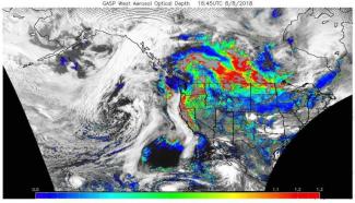 Satellite-based product (aerosol optical depth) illustrating smoke in the atmosphere