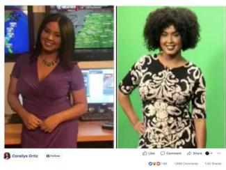 Picture of Meteorologist Corallys Ortiz with straight and natural hair.MRS. ORTIZ PUBLIC FACEBOOK PAGE