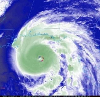 Satellite imagery of Hurricane Michael with a ring of lightning around the eyewall early Wednesday morning.PHILLIP PAPPIN VIA TWITTER/NOAA GOES-16