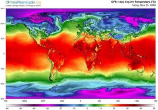 2-m global temperatures for Friday November 23rd, 2018.CLIMATEREANALYZER.ORG