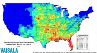 Average lightning flash density per county in the United States in 2018 VAISLA VIA BETHANY OSBORN
