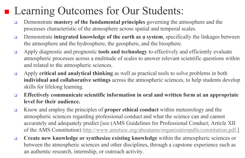 Student learning objectives for the UGA Atmospheric Sciences Program