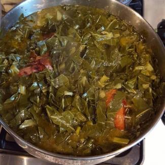 A pot of collard greens at the home of Dr. Marshall Shepherd.
